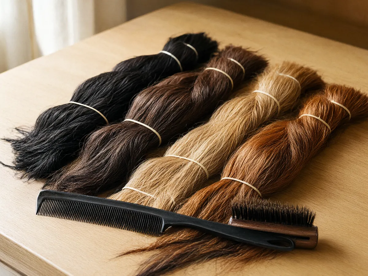 Bundles of braiding hair in black, chestnut, honey blonde and copper with a rat-tail comb and an edge brush