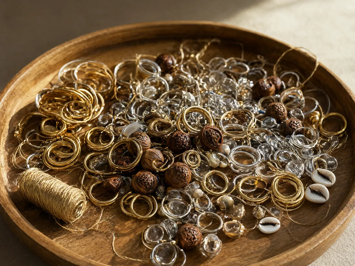 Gold cuffs, rings, wooden and glass beads and cowrie shells in a round wooden tray