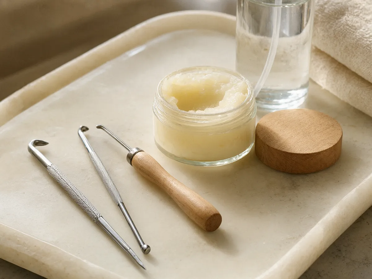 Crochet hooks, an interlocking tool, a jar of shea butter and a spray bottle on a cream marble tray
